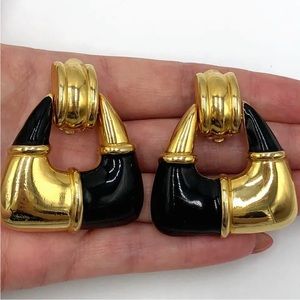 VINTAGE GIVENCHY Paris NY LARGE Black Enamel Gold Tone Door Knocker Earrings